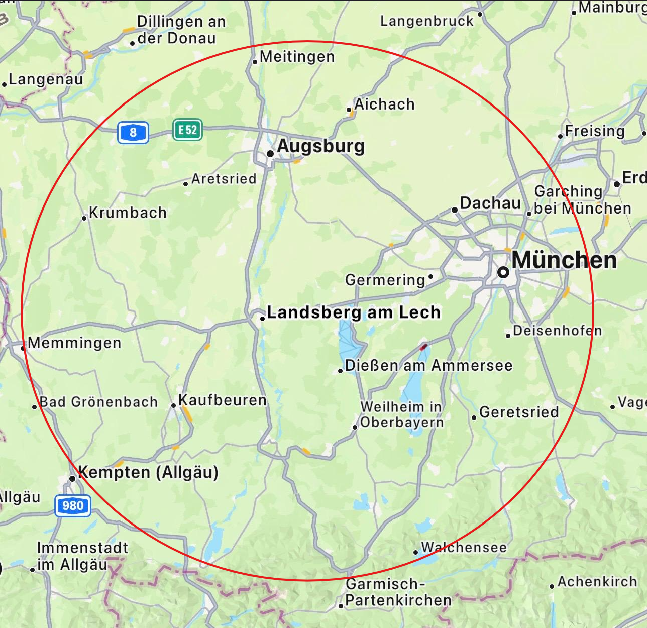 Karte von Landsberg am Lech und Umgebung mit Einsatzgebiert-Radius